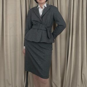 Vintage Kay Unger 100% Wool Grey Herringbone Skirt Suit